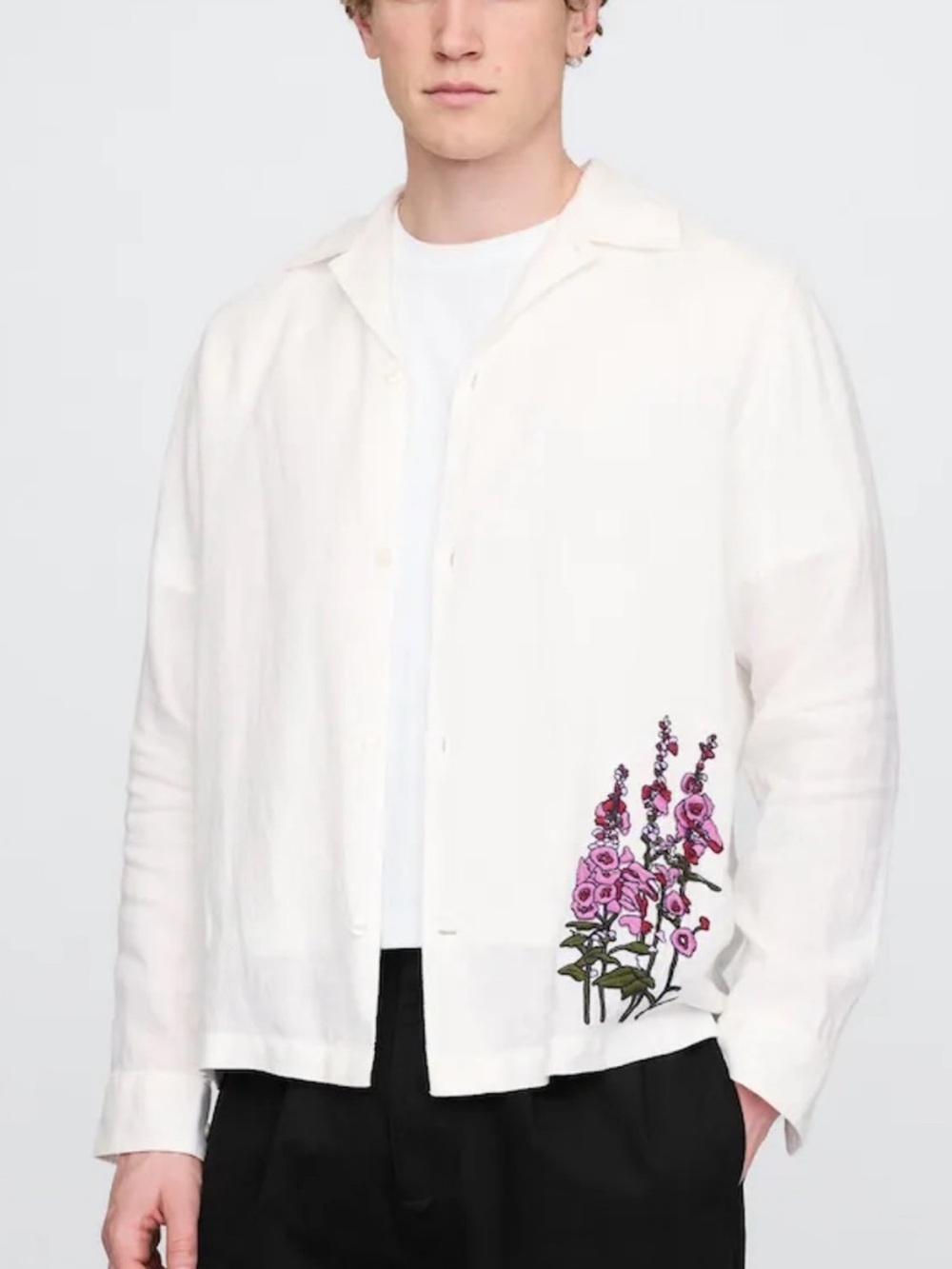 GAP White 100% Linen Classic Shirt - Embroidered Floral Graphic - Mens Size M